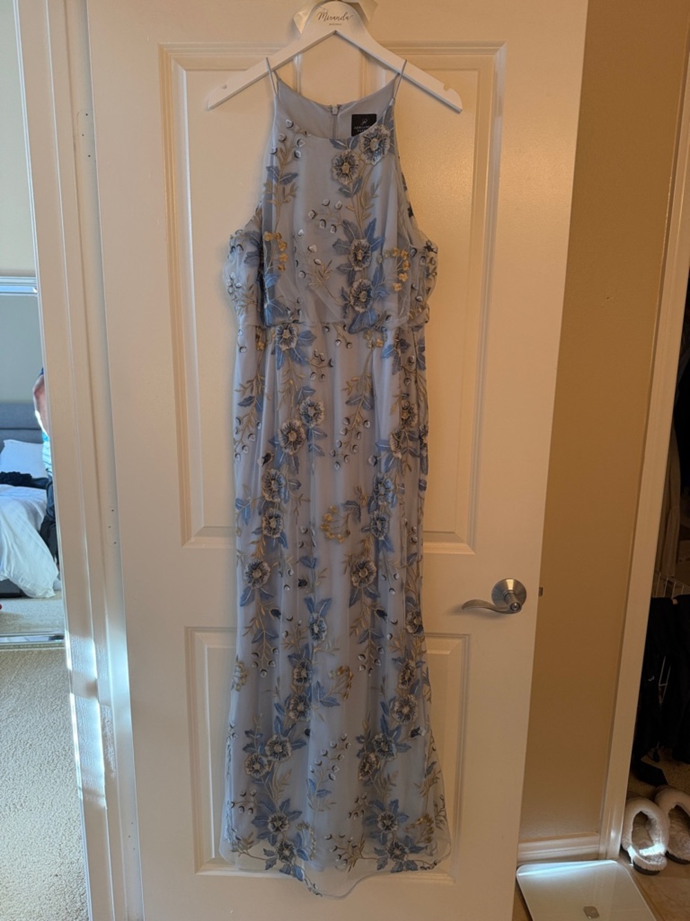 Adrianna Papell Light Blue and Gold Floral Halter Maxi Dress - Size 14 - Picture 7 of 14